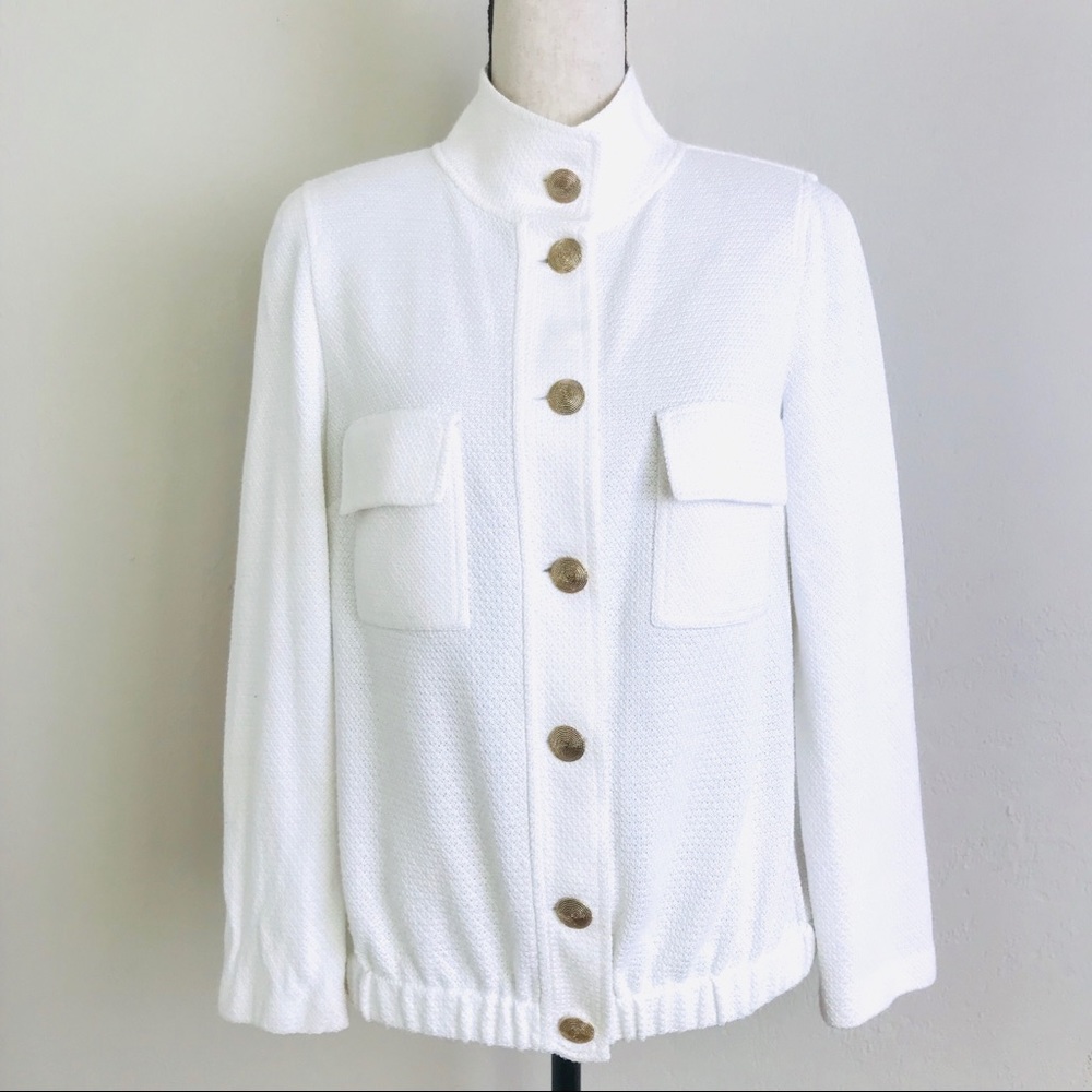 St. John Santana Knit Bomber Jacket Gold Buttons White Casual Tennis Club
